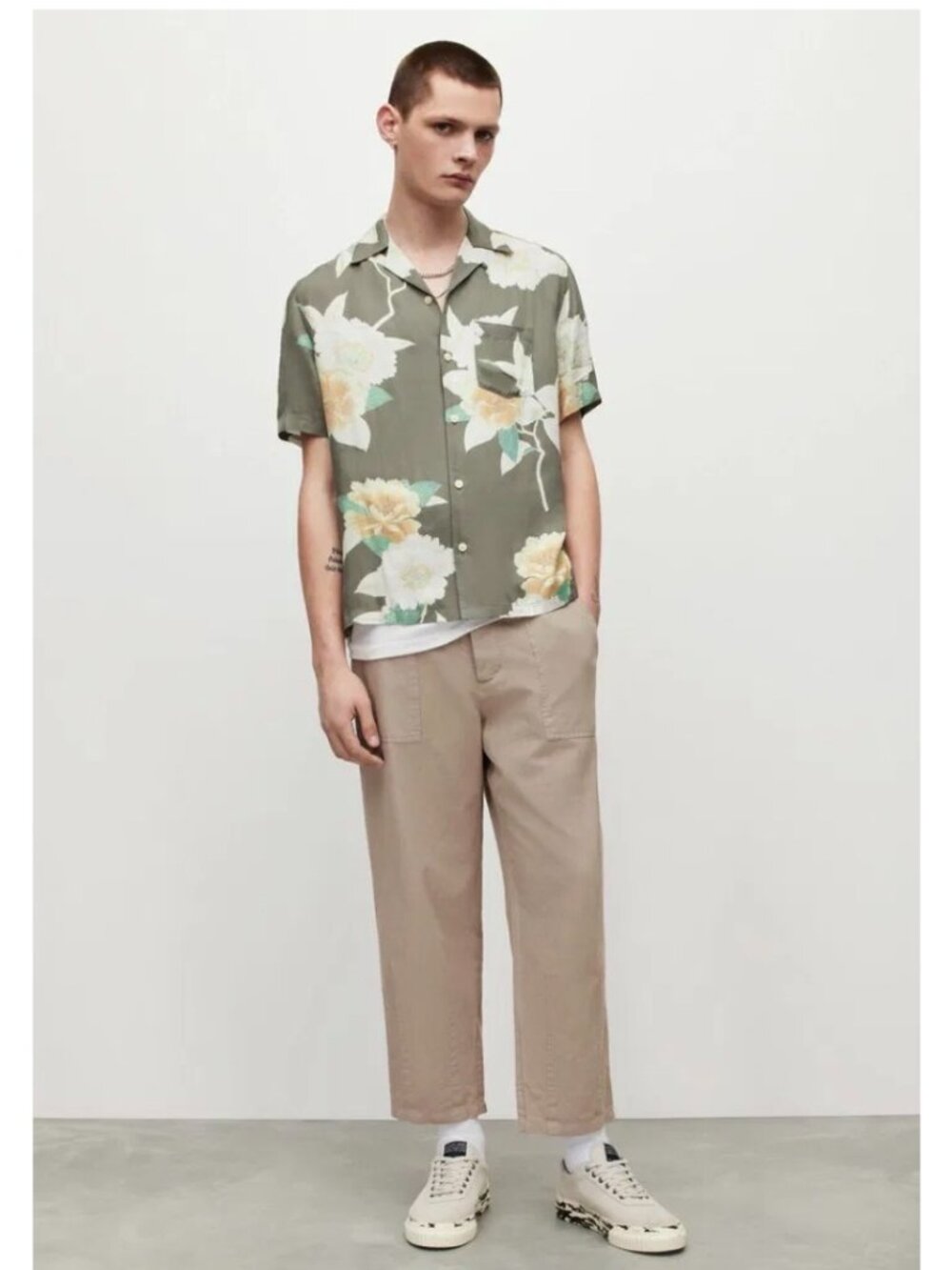 AllSaints Linen Archer Wide Leg Trousers Pants Mens 34 Tan Tapered Barril Luxury